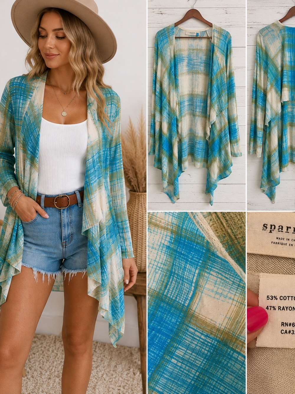 sparrow Teal & Cream Plaid Open-Front Drape Cardigan- SMALL